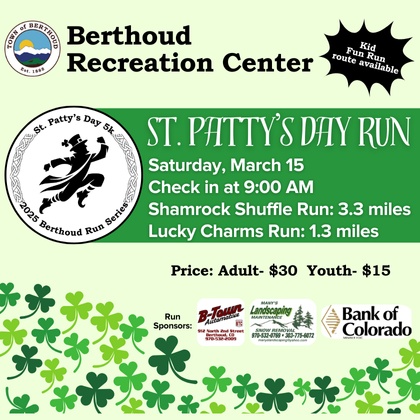 St. Patty's Day Run on March 15. Shamrock Shuffle run is 3.3 miles. Lucky Charms run is 1.3 miles