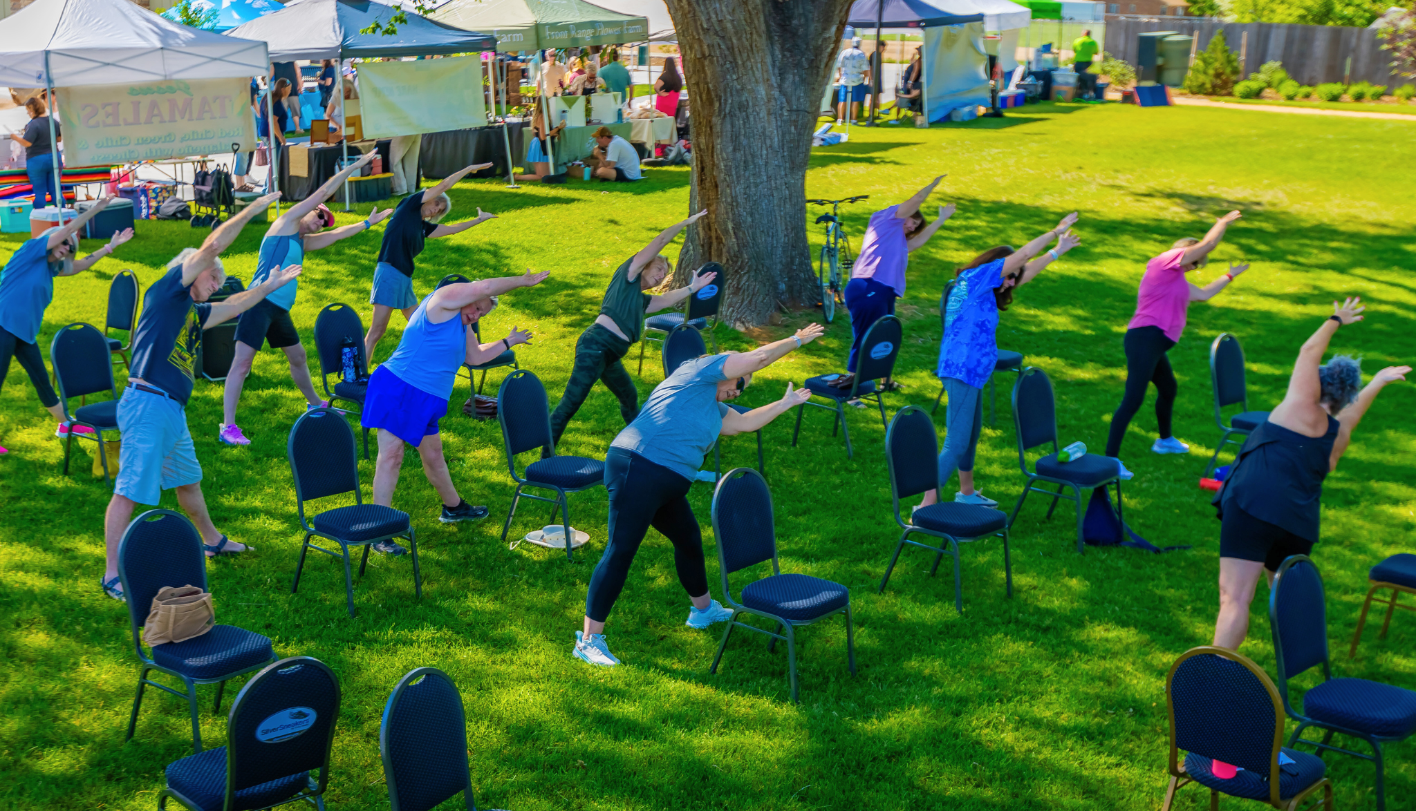 People participating in an outdoor yoga class at the Berthoud Market at Town Park on a sunny Satday.
