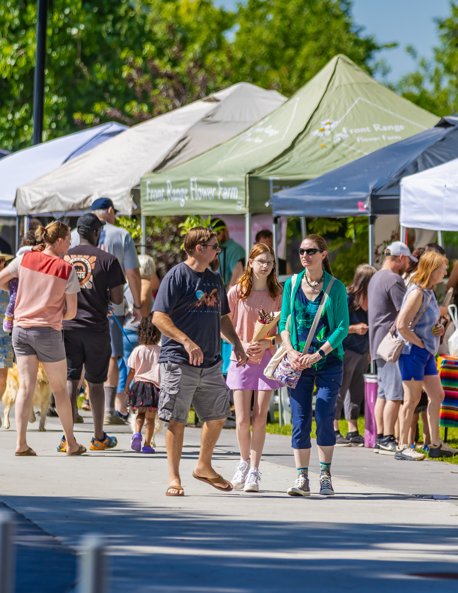 Crowd of people browsing vendor booths at the Berthoud Market in Town Park on a sunny Saturday.