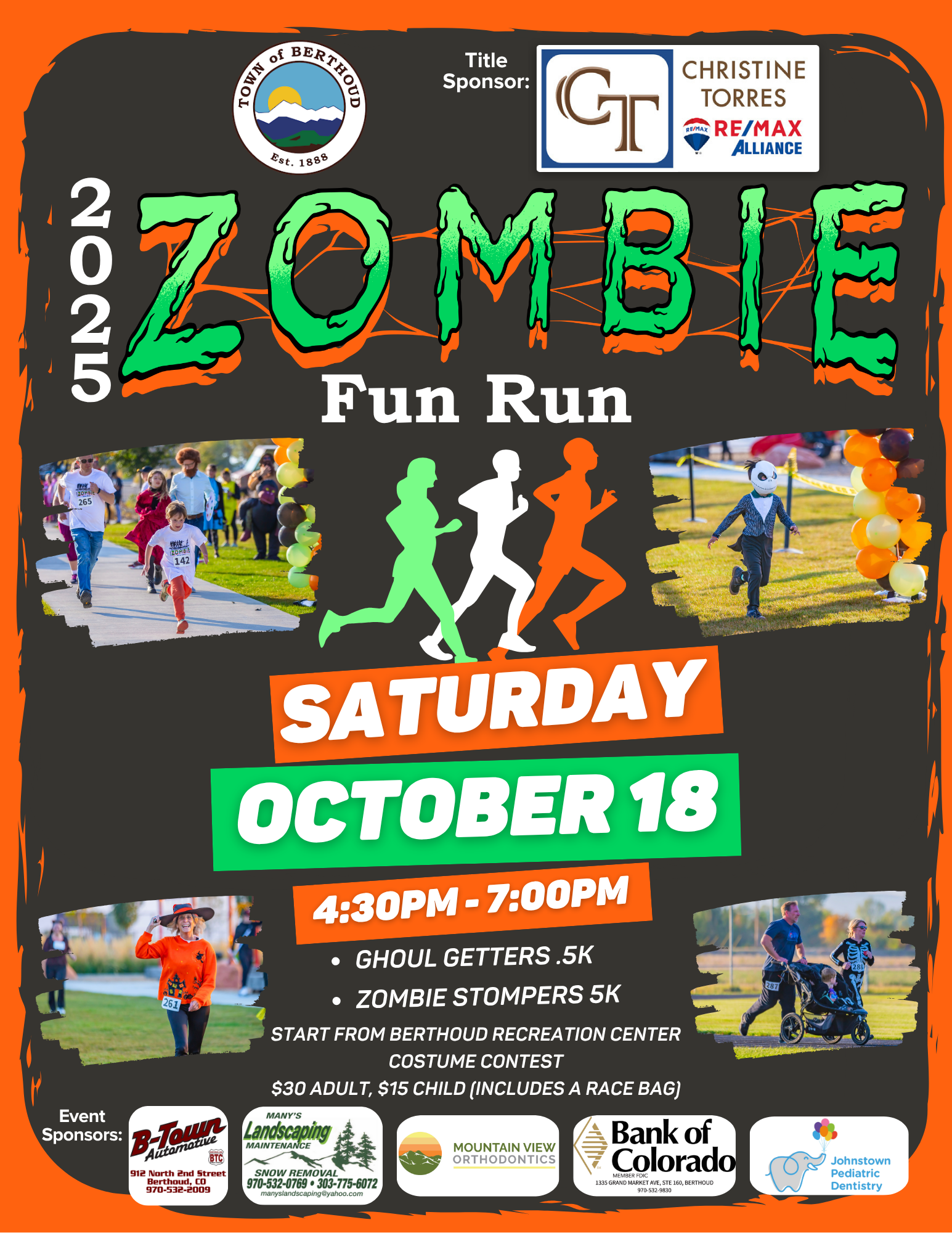 Zombie Fun Run on October 18 at 4:30 PM, Waggener Farm Park. Choose from two fun run routes.