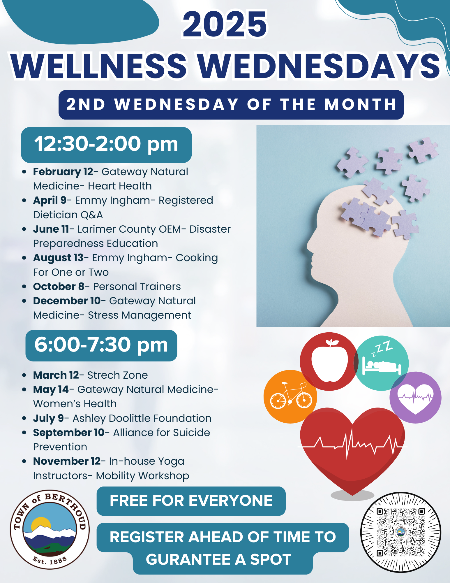 Wellness Wednesday schedule for 2025. Free health seminars the second Wednesday of each month.