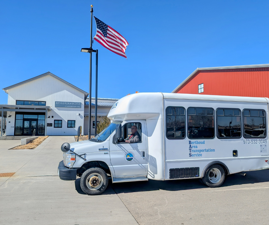 BATS Bus parked outside the entrance of the Berthoud Recreation Center.