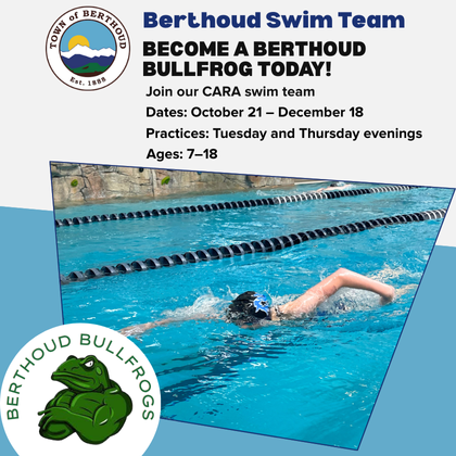 Berthoud Swim Team member swimming during practice at the Berthoud Recreation Center pool.