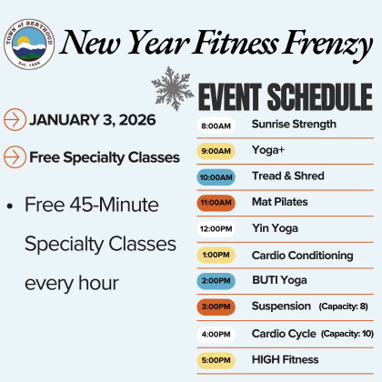 A fitness schedule for January 3, 2026, listing free 45 minute specialty classes offered every hour