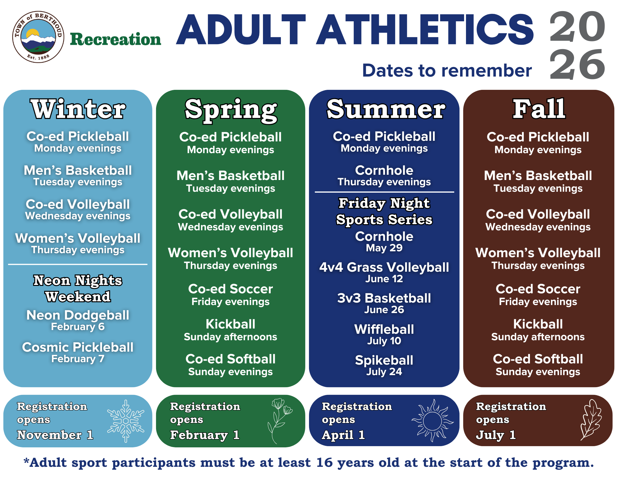 A list of adult sports offered each season in 2026. For more information call 970-532-1600